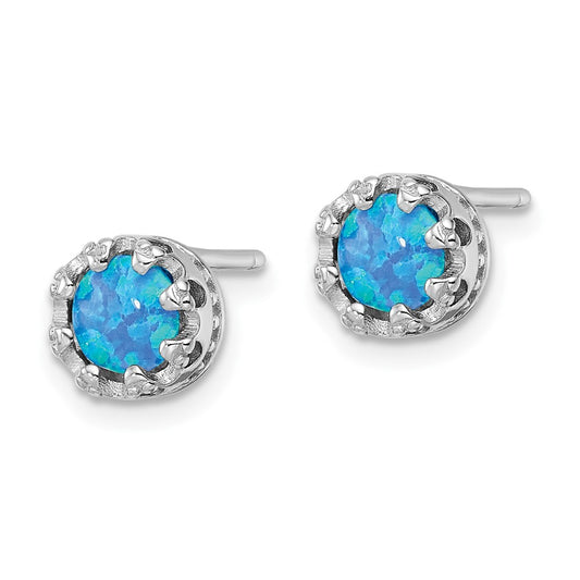 Rhodium-plated Sterling Silver Polished Blue Created Opal Post Earrings