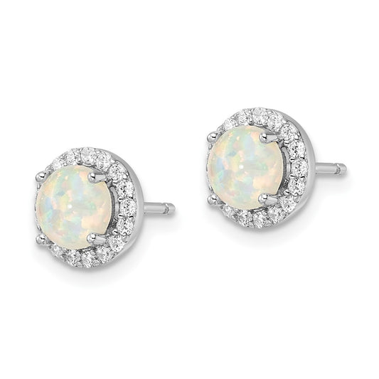 Rhodium-plated Sterling Silver White Created Opal & CZ Halo Post Earrings