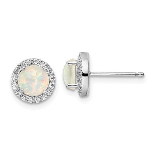 Rhodium-plated Sterling Silver White Created Opal & CZ Halo Post Earrings