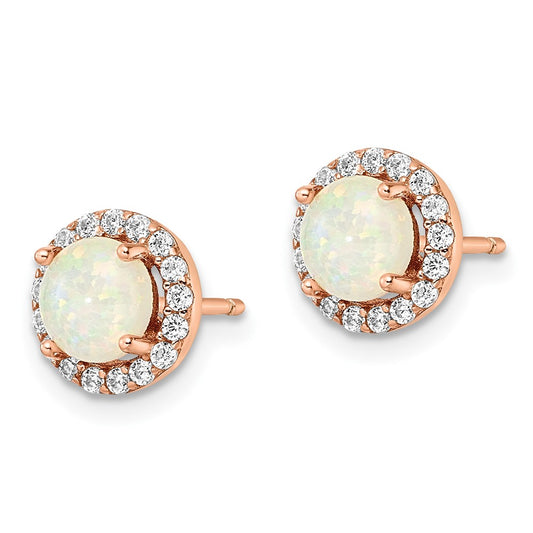 Rose Gold-plated Sterling Silver White Created Opal & CZ Halo Post Earrings