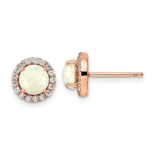 Rose Gold-plated Sterling Silver White Created Opal & CZ Halo Post Earrings