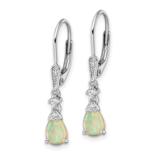 Rhodium-plated Sterling Silver CZ Created Opal Teardrop Leverback Earrings