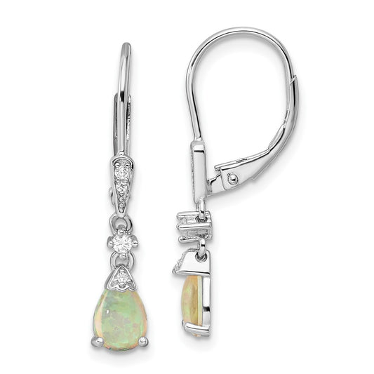 Rhodium-plated Sterling Silver CZ Created Opal Teardrop Leverback Earrings