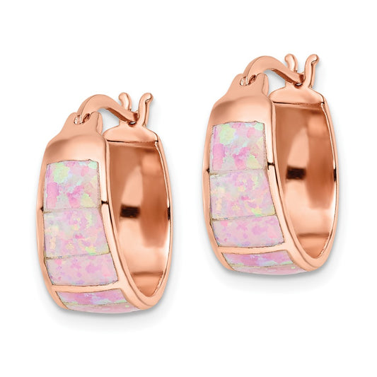 Rose Gold-plated Sterling Silver Polished Pink Created Opal Inlay Hoop Earrings