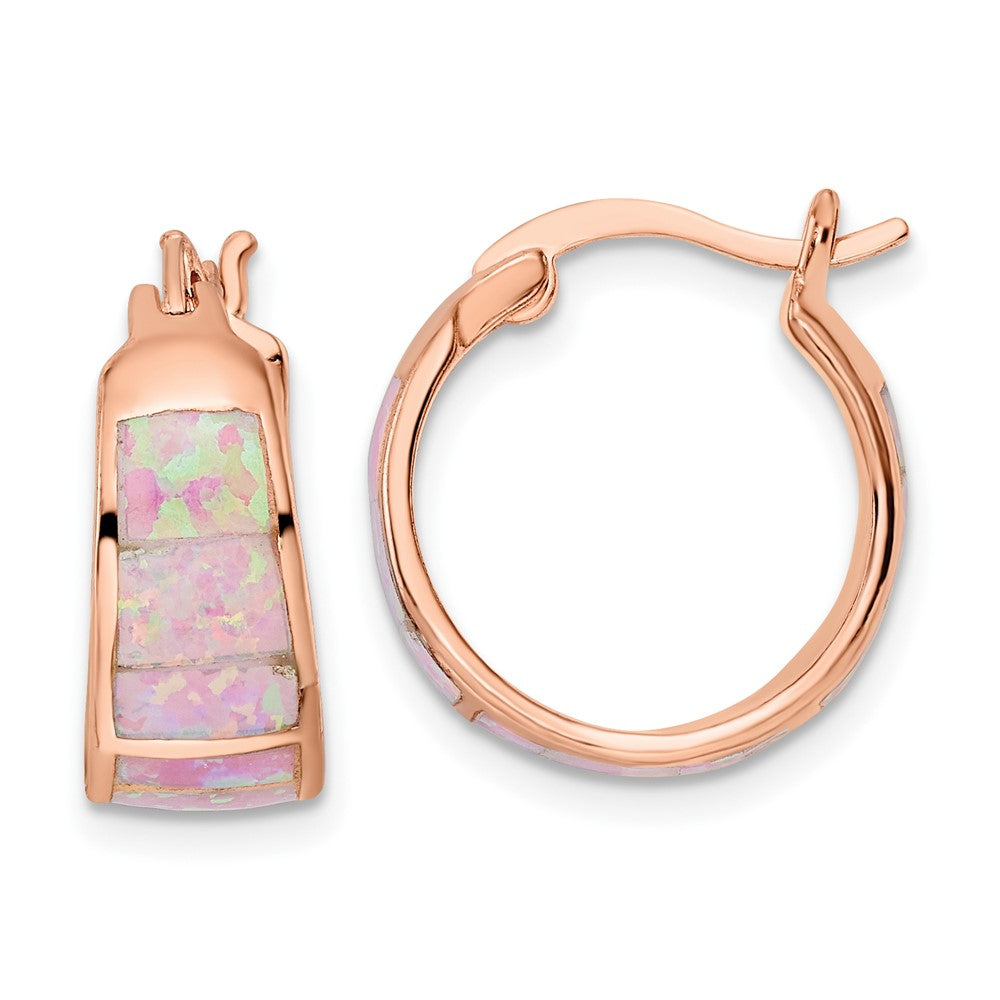 Rose Gold-plated Sterling Silver Polished Pink Created Opal Inlay Hoop Earrings