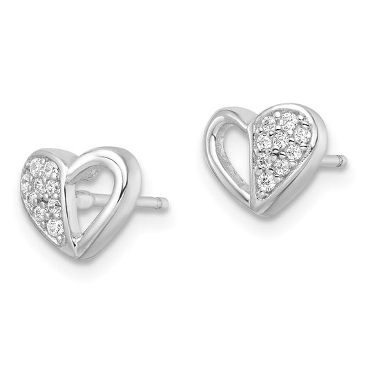 Rhodium-plated Sterling Silver CZ Heart Post Earrings