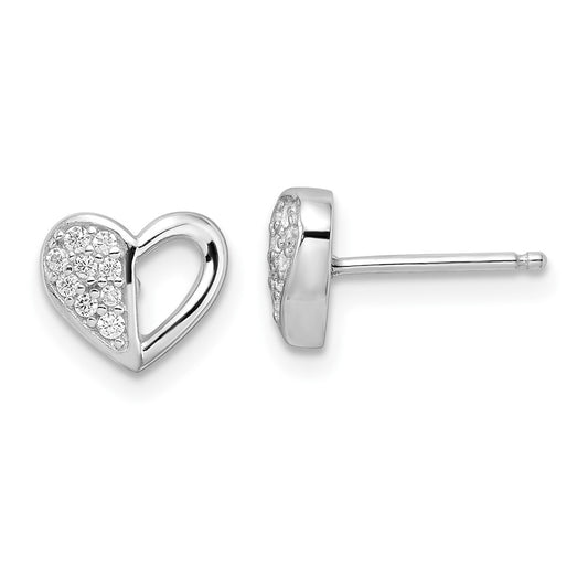 Rhodium-plated Sterling Silver CZ Heart Post Earrings