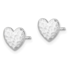 Rhodium-plated Sterling Silver Polished Hammered Heart Post Earrings