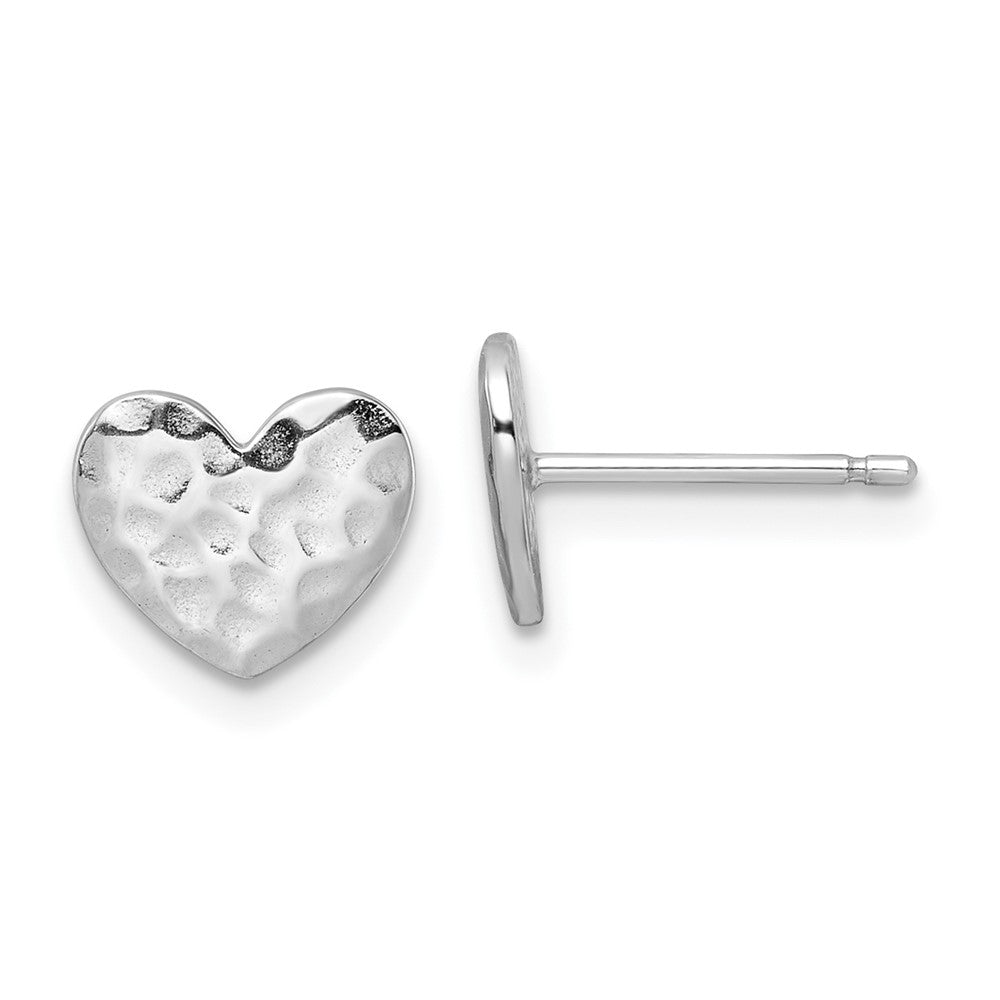 Rhodium-plated Sterling Silver Polished Hammered Heart Post Earrings