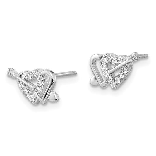 Rhodium-plated Sterling Silver CZ Double Heart and Arrow Post Earrings