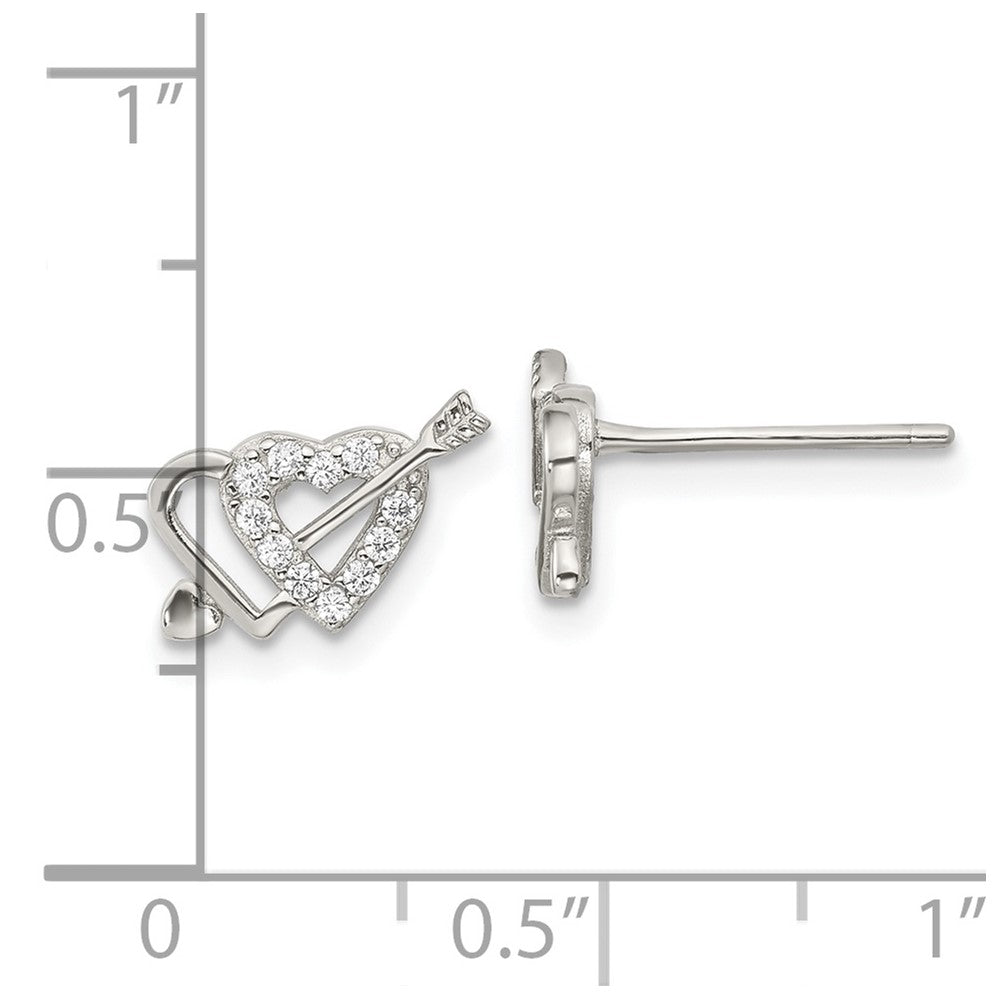 Rhodium-plated Sterling Silver CZ Double Heart and Arrow Post Earrings