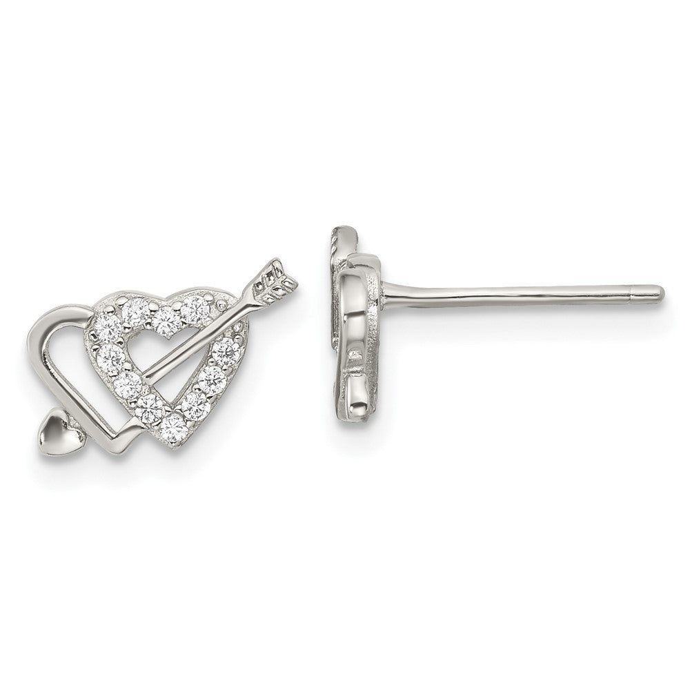 Rhodium-plated Sterling Silver CZ Double Heart and Arrow Post Earrings