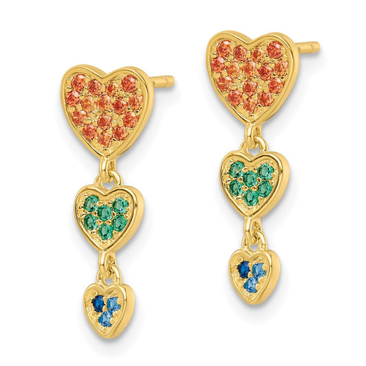 Yellow Gold-plated Sterling Silver Multicolor CZ Hearts Post Dangle Earrings