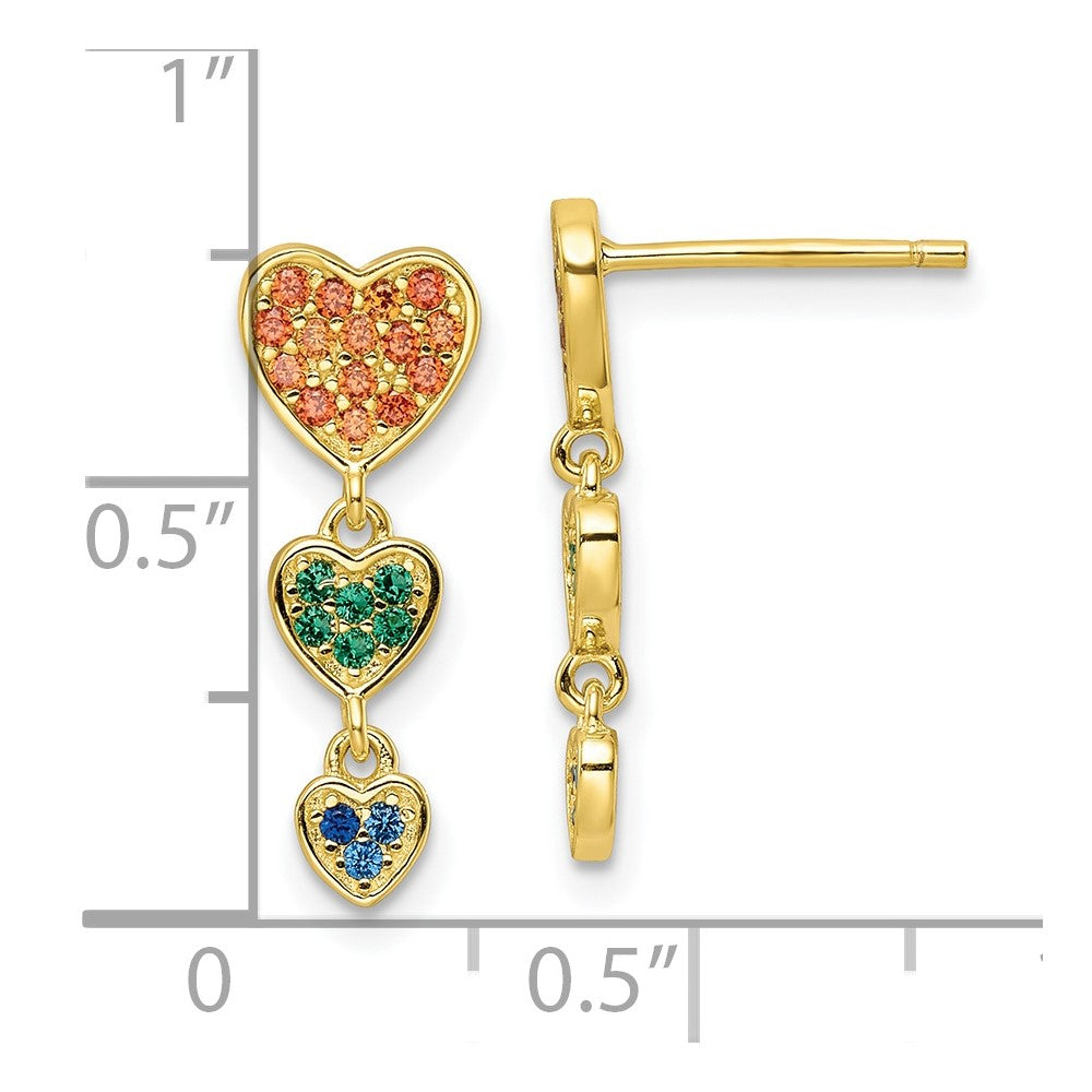 Yellow Gold-plated Sterling Silver Multicolor CZ Hearts Post Dangle Earrings