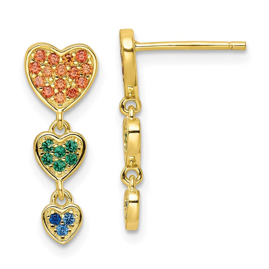 Yellow Gold-plated Sterling Silver Multicolor CZ Hearts Post Dangle Earrings