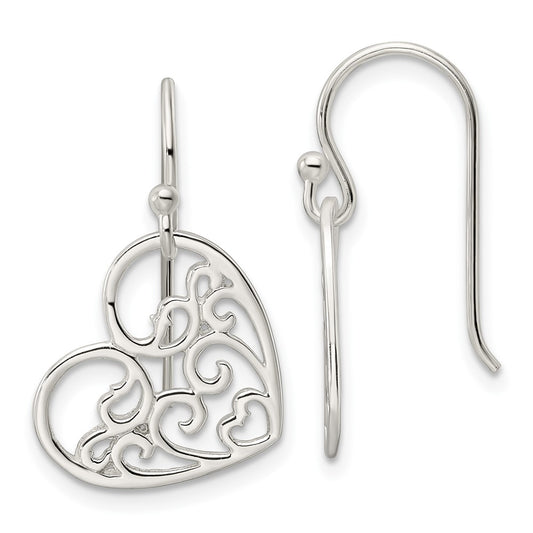 Sterling Silver Polished Heart Swirl Dangle Earrings