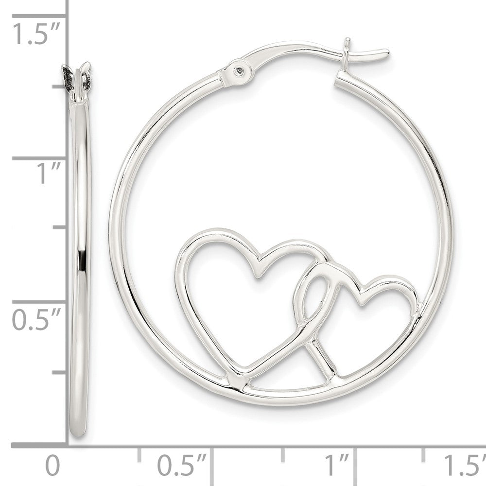 Sterling Silver Hearts Round 1.5x30mm Hoop Earrings