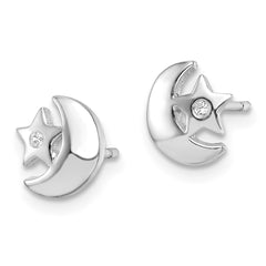 Rhodium-plated Sterling Silver CZ Star and Moon Post Earrings