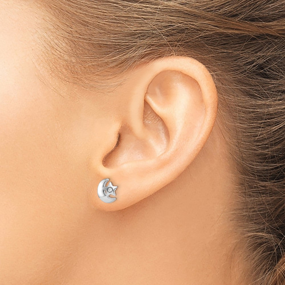 Rhodium-plated Sterling Silver CZ Star and Moon Post Earrings