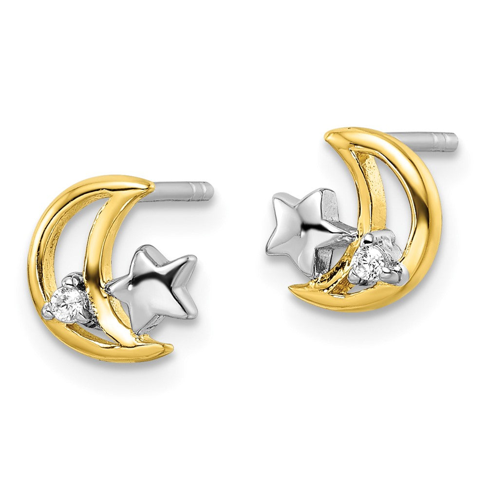 Rhodium-plated Silver & Gold-plated Star and Moon CZ Post Earrings