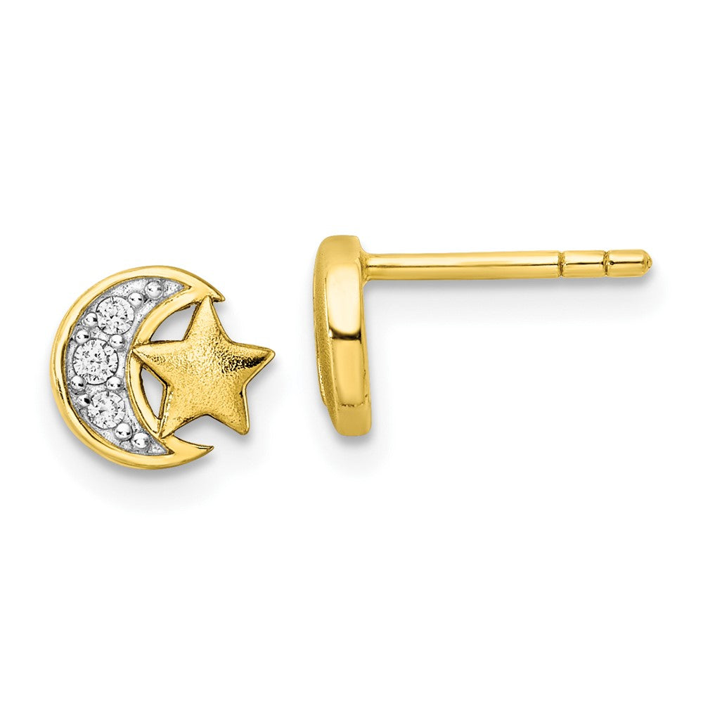 Yellow Gold-plated Sterling Silver CZ Star and Moon Post Earrings