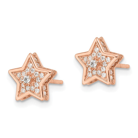 Sterling Silver Polished Rose-tone CZ Star Post Earrings