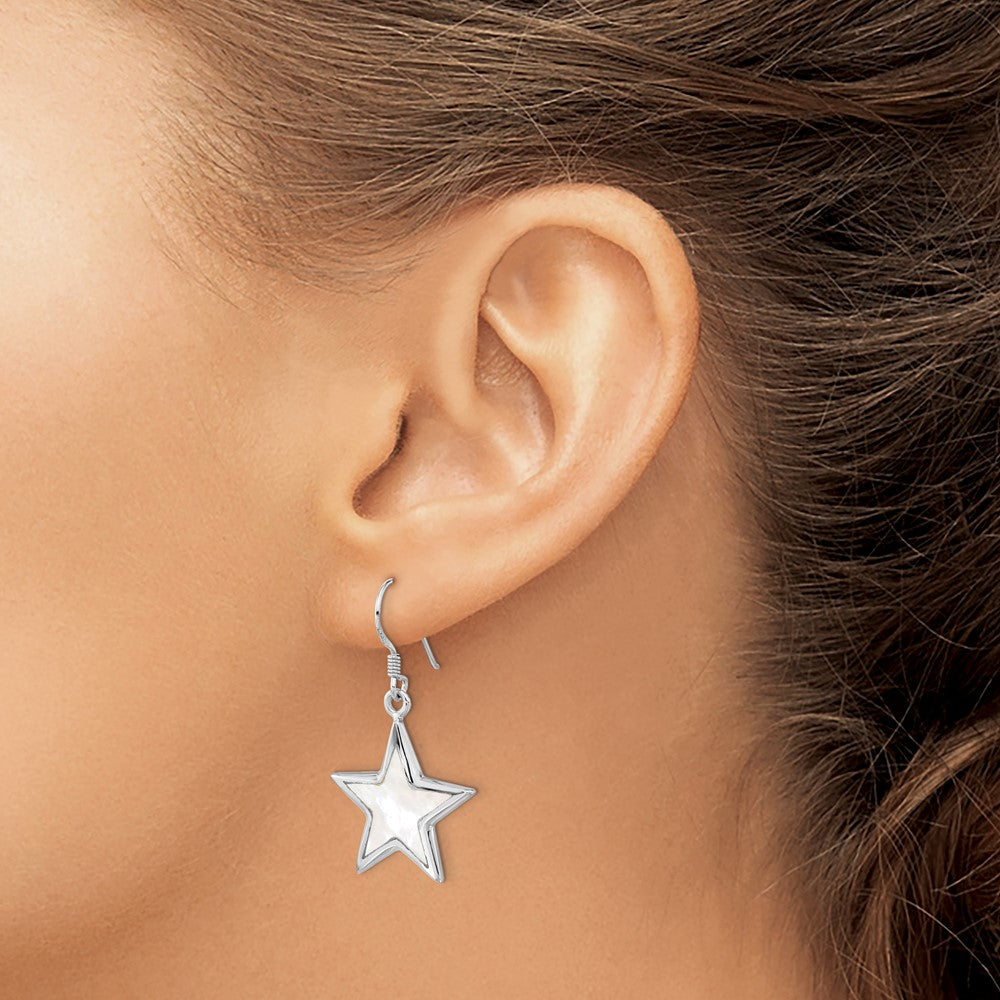 Rhodium-plated Sterling Silver Polished MOP Star Dangle Earrings