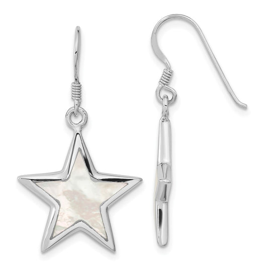 Rhodium-plated Sterling Silver Polished MOP Star Dangle Earrings