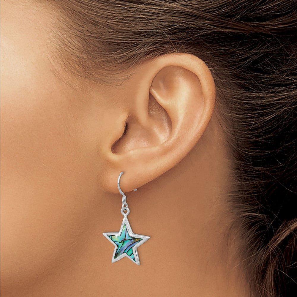 Rhodium-plated Sterling Silver Polished Abalone Star Dangle Earrings