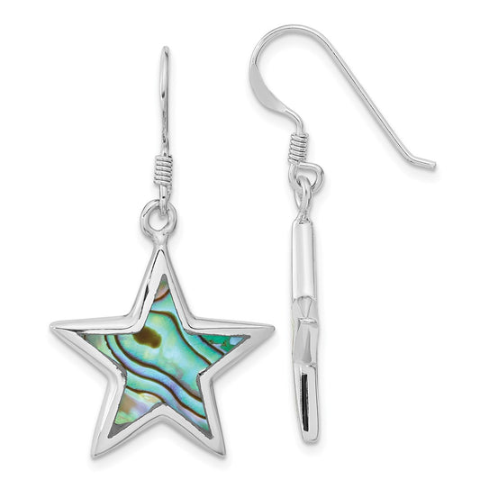 Rhodium-plated Sterling Silver Polished Abalone Star Dangle Earrings