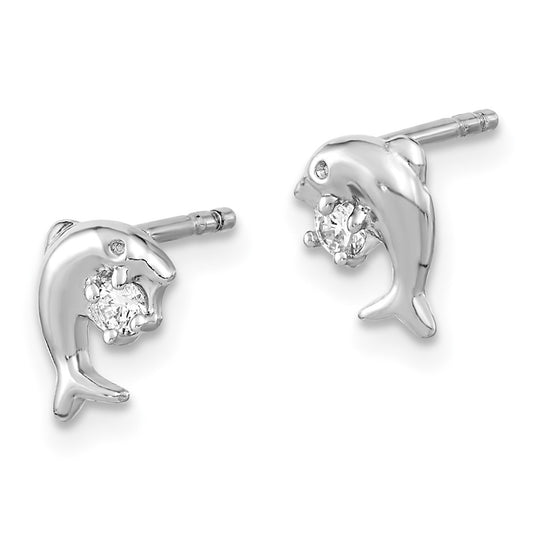 Rhodium-plated Sterling Silver CZ Dolphin Post Earrings