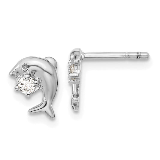 Rhodium-plated Sterling Silver CZ Dolphin Post Earrings