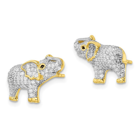 Rhodium-plated Sterling Silver Gold Tone CZ Elephant Post Earrings