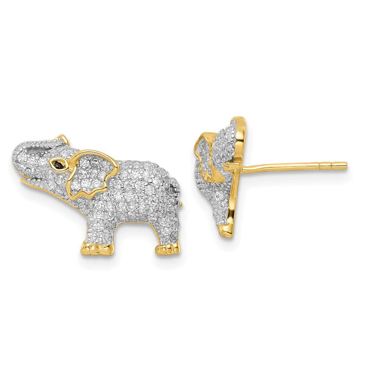 Rhodium-plated Sterling Silver Gold Tone CZ Elephant Post Earrings