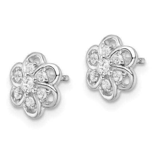 Rhodium-plated Sterling Silver CZ Flower Post Earrings