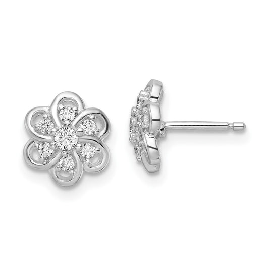 Rhodium-plated Sterling Silver CZ Flower Post Earrings