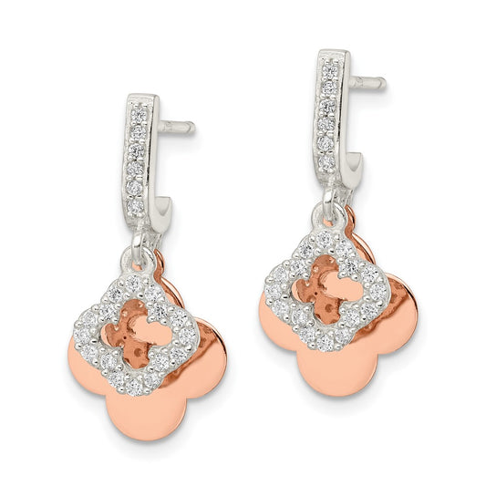 Rose Gold-plated Sterling Silver Quatrefoil CZ Dangle Post Earrings