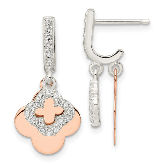 Rose Gold-plated Sterling Silver Quatrefoil CZ Dangle Post Earrings