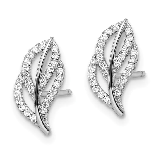 Rhodium-plated Sterling Silver Polished CZ Leaf Post Earrings