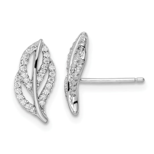 Rhodium-plated Sterling Silver Polished CZ Leaf Post Earrings