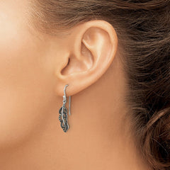 Sterling Silver Antiqued Marcasite Feather Dangle Earrings