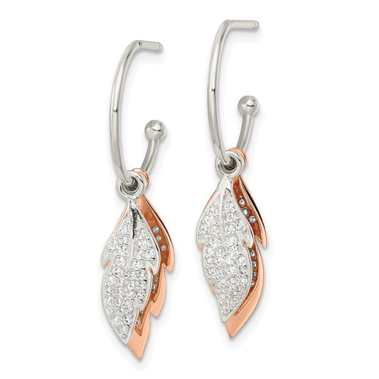 Rose Gold-plated Sterling Silver Leaves CZ Hoop Post Earrings