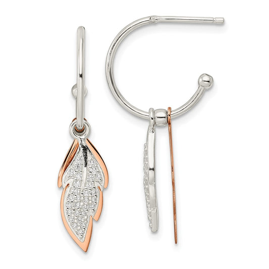 Rose Gold-plated Sterling Silver Leaves CZ Hoop Post Earrings