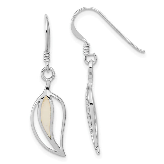 Rhodium-plated Sterling Silver Polished MOP Leaf Shepherds Hook Earrings