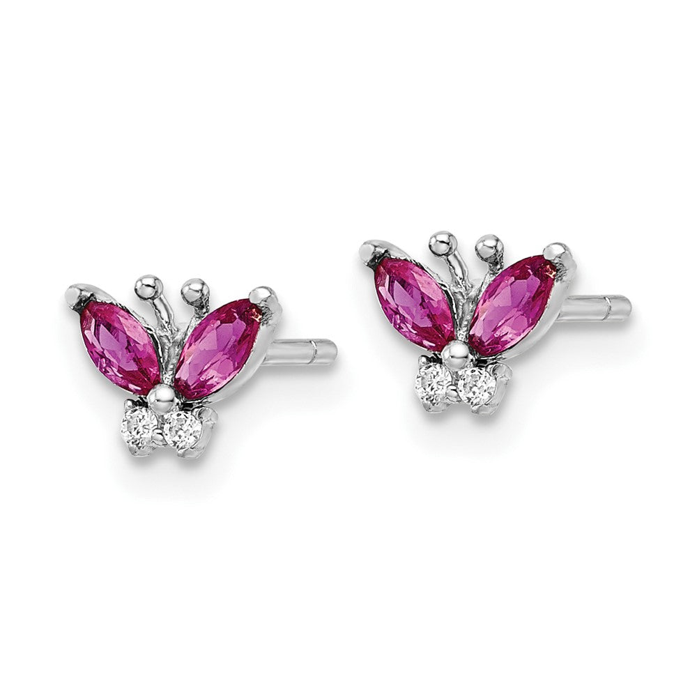 Rhodium-plated Sterling Silver Red & White CZ Butterfly Post Earrings