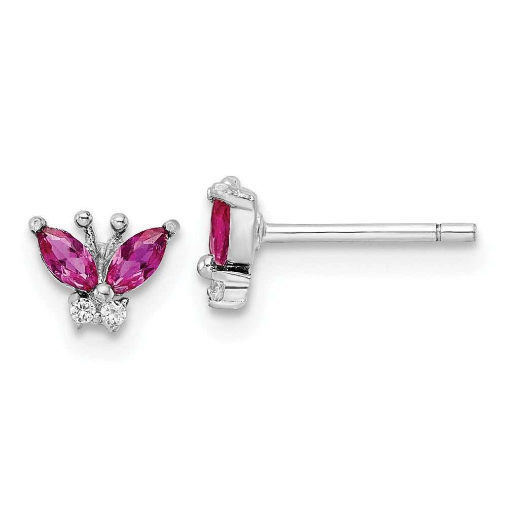 Rhodium-plated Sterling Silver Red & White CZ Butterfly Post Earrings