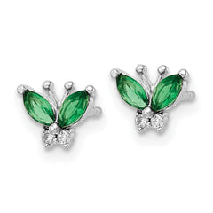 Rhodium-plated Sterling Silver Green & White CZ Butterfly Post Earrings