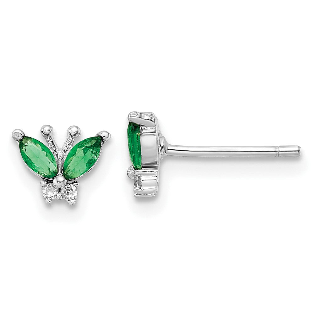 Rhodium-plated Sterling Silver Green & White CZ Butterfly Post Earrings