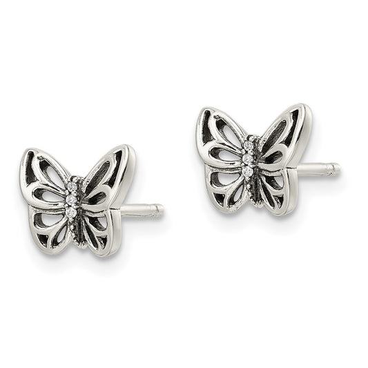 Sterling Silver Antiqued CZ Butterfly Post Earrings