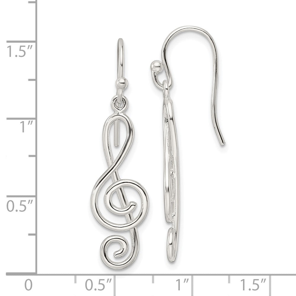 Sterling Silver Polished Treble Clef Dangle Shepherd Hook Earrings